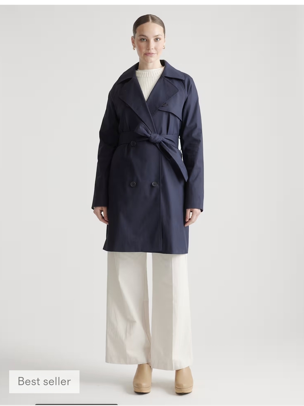 Quince Comfort Stretch Trench Coat Navy Belt Center Back Vent